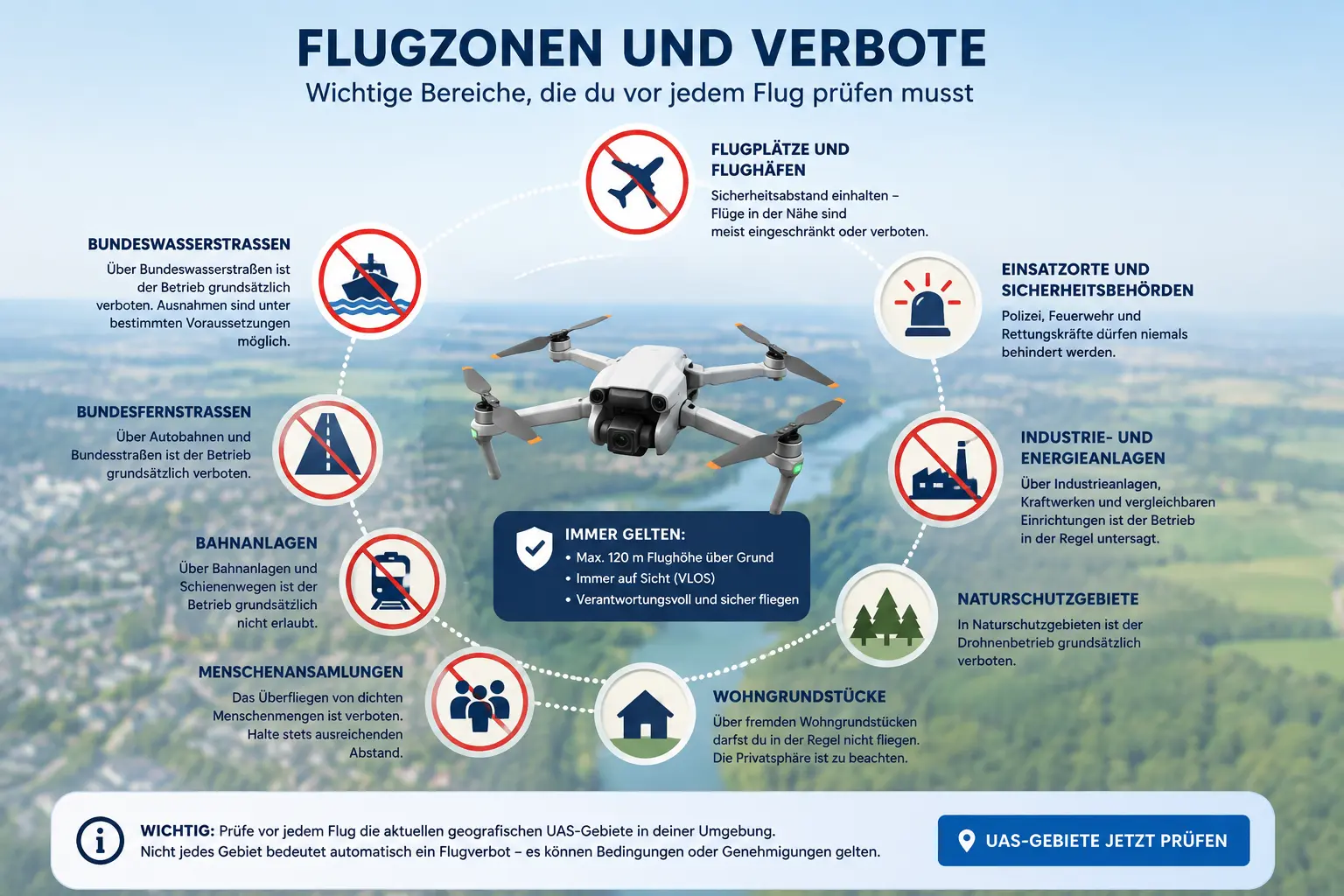 Übersicht zu geografischen UAS-Gebieten mit Hinweis auf Bundeswasserstraßen